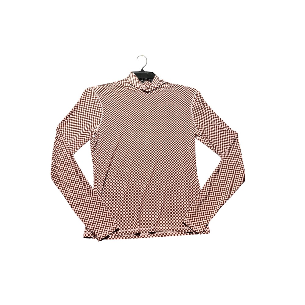Levi's Mock Neck Top Women Large Brown Excellent Condition Checkered Long Sleeve